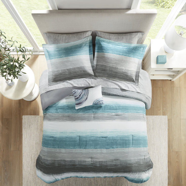 Aqua and Gray Twin Microfiber 7-Piece Reversible Bed Set