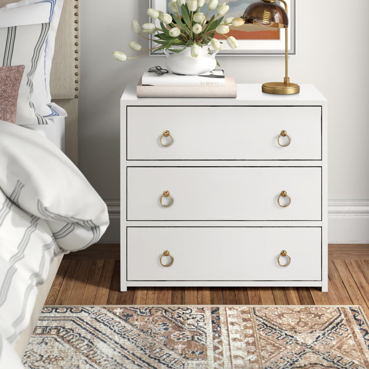 Elegant White Acacia 3-Drawer Chest with Gold Metallic Hardware