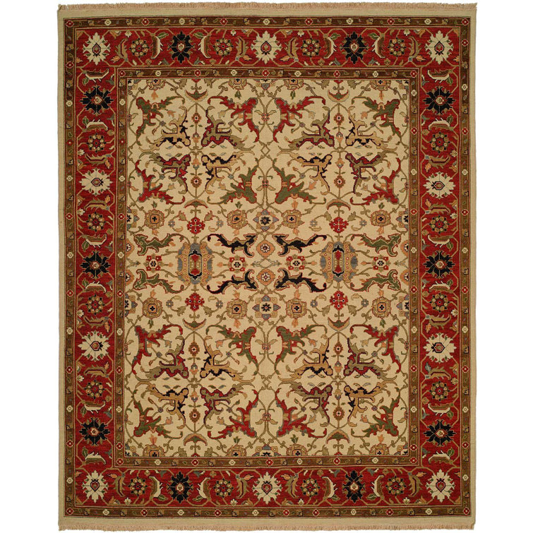 Handmade Ivory and Red Wool Oriental Rug, 3' x 5'