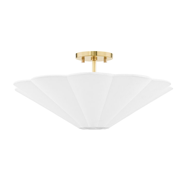 Antique Brass and White Linen Semi-Flush Mount Light