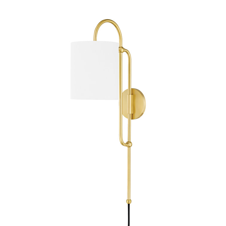 Aged Brass Dimmable Plug-in Sconce with White Linen Shade