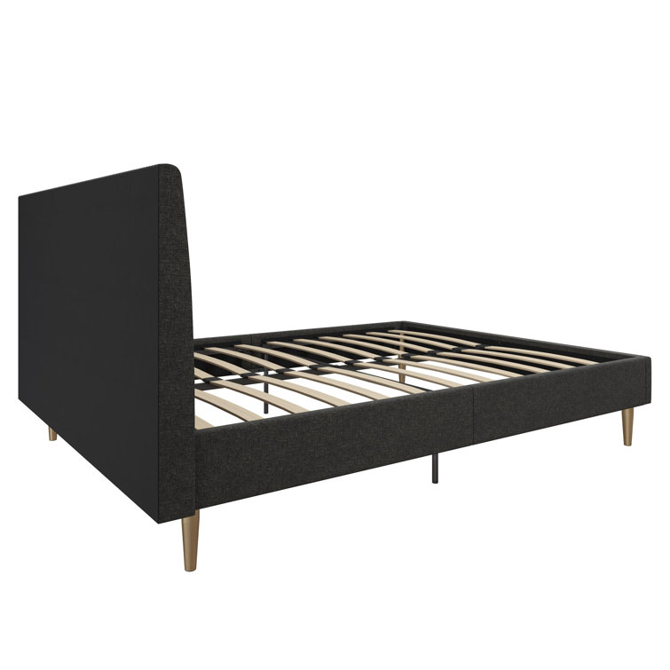 Daphne Dark Gray Linen Queen Upholstered Platform Bed with Brass Legs