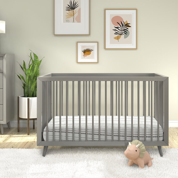 Lunar Gray Pine Wood Mid-Century Modern Convertible Crib