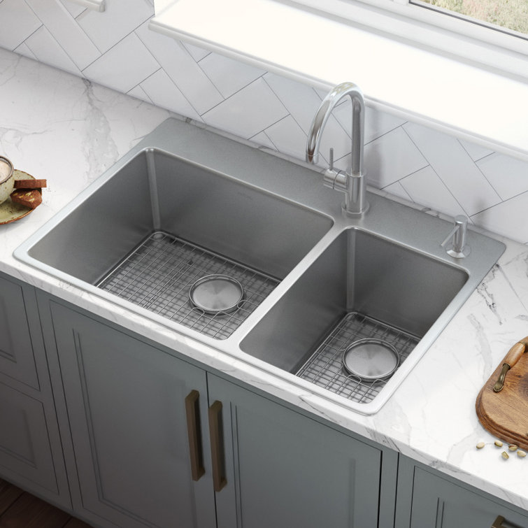 Ruvati 37" Stainless Steel Drop-In Double Bowl Kitchen Sink