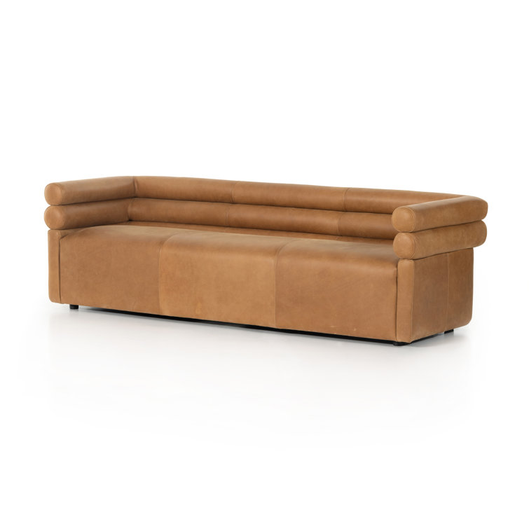 Contemporary Brown Leather Tufted Sofa with Wood Accents, 88.5"