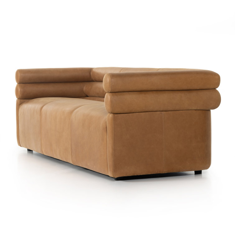 Contemporary Brown Leather Tufted Sofa with Wood Accents, 88.5"