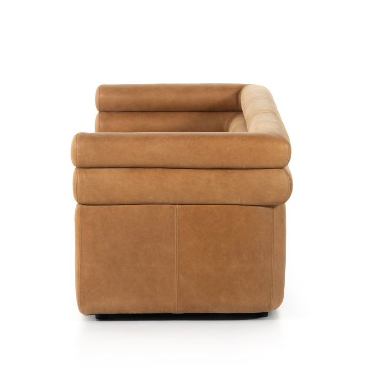 Contemporary Brown Leather Tufted Sofa with Wood Accents, 88.5"