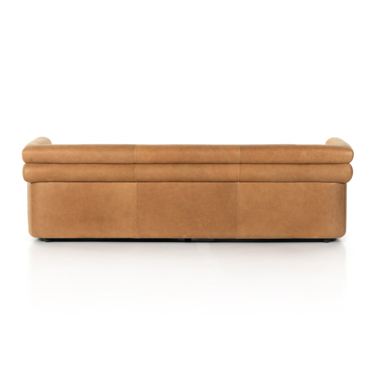Contemporary Brown Leather Tufted Sofa with Wood Accents, 88.5"