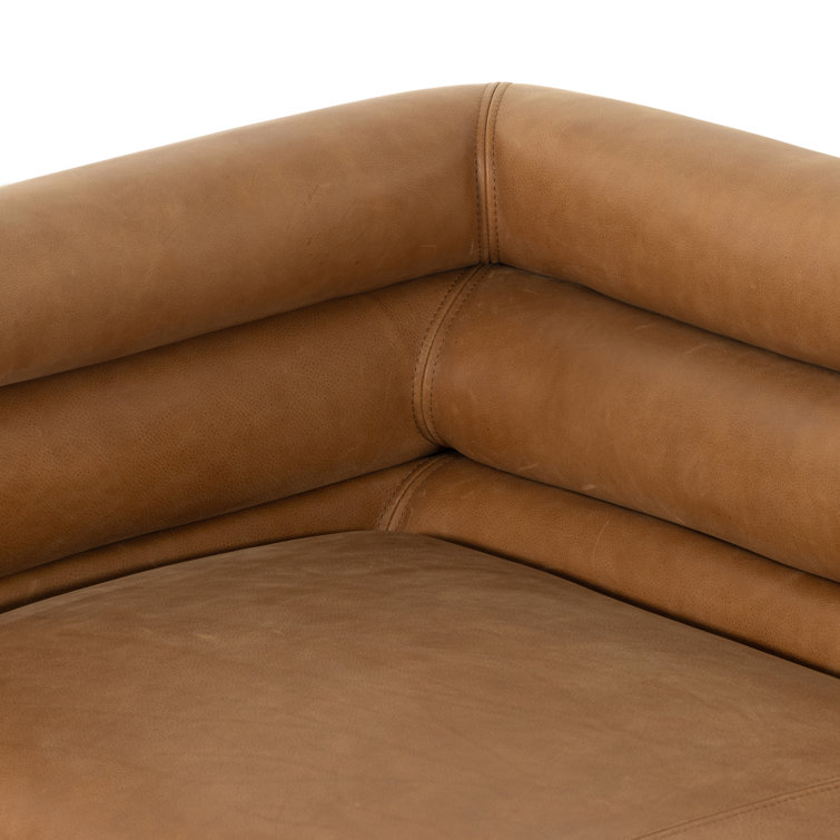 Contemporary Brown Leather Tufted Sofa with Wood Accents, 88.5"