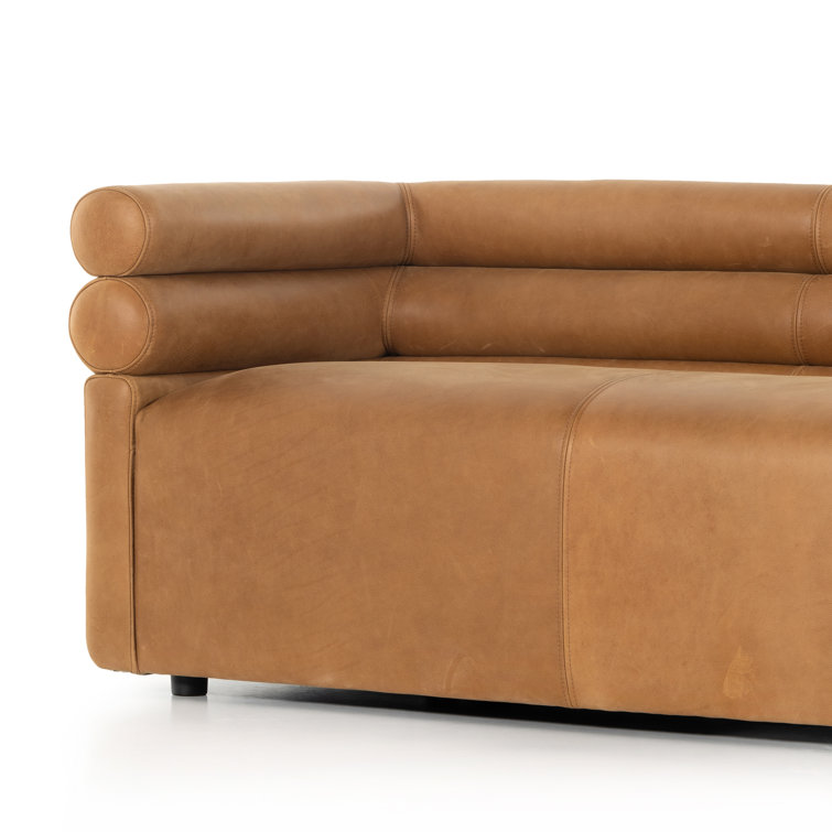 Contemporary Brown Leather Tufted Sofa with Wood Accents, 88.5"
