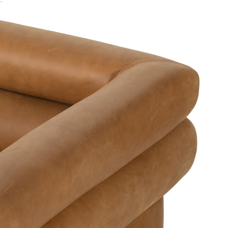 Contemporary Brown Leather Tufted Sofa with Wood Accents, 88.5"