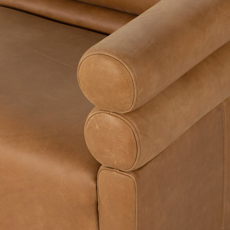 Contemporary Brown Leather Tufted Sofa with Wood Accents, 88.5"