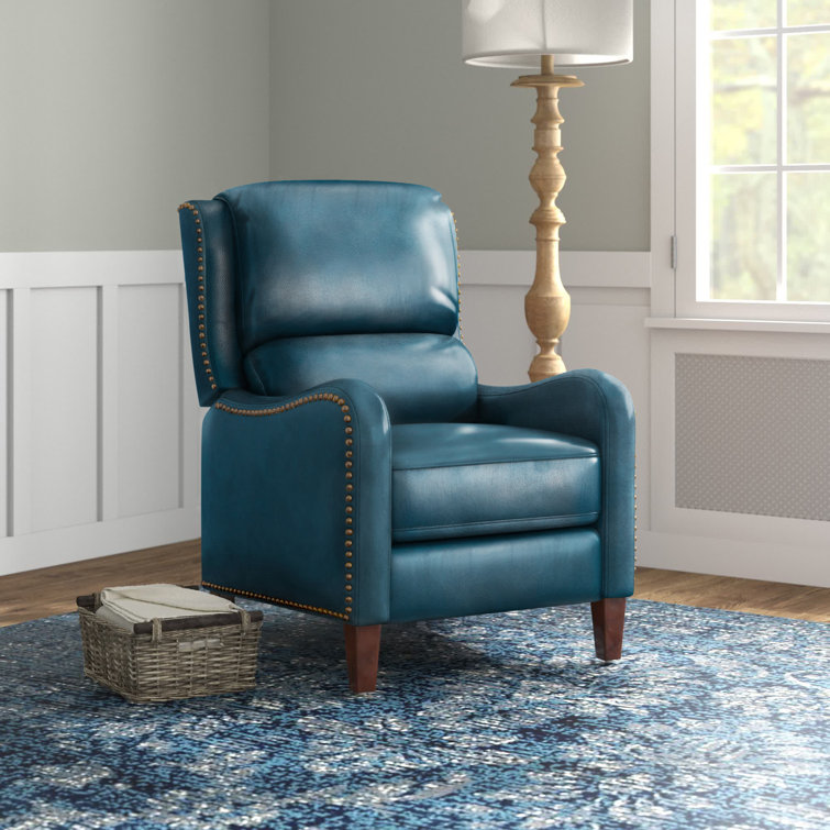 Turquoise Genuine Leather Club Recliner with Wood Legs