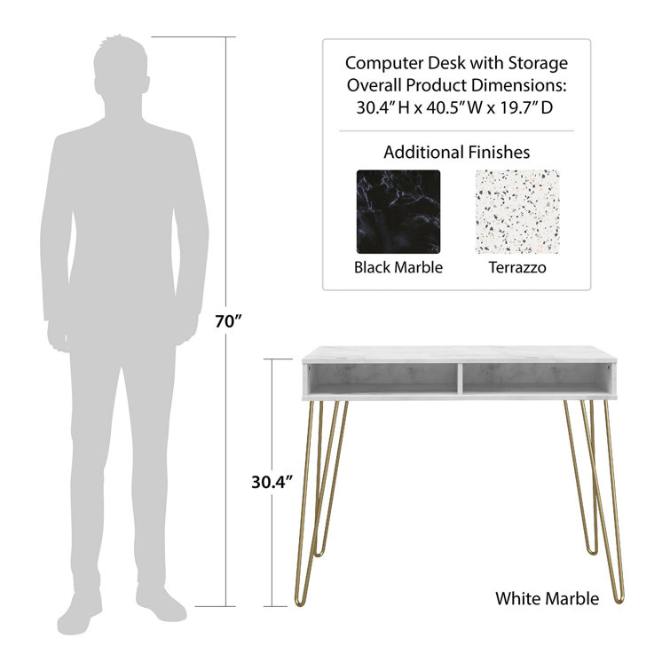 Elegant White Marble 44" Computer Desk with Hairpin Legs