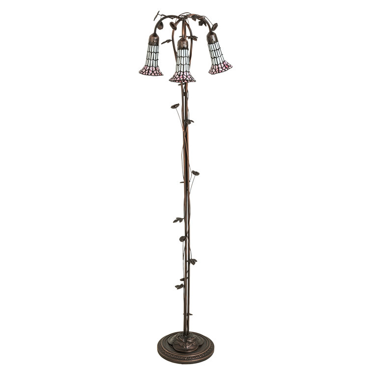 Mahogany Bronze 58" Stained Glass Floor Lamp with Pink/White Shades