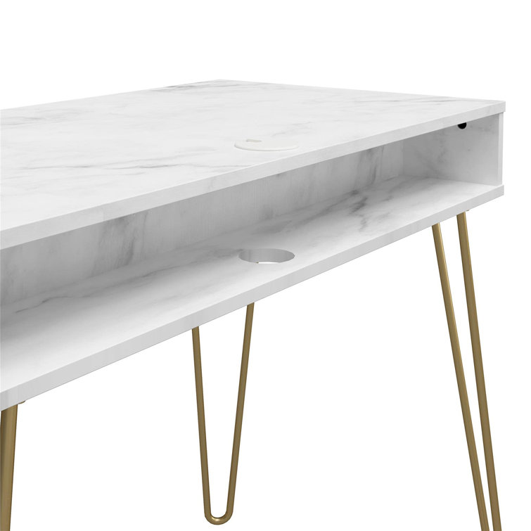 Elegant White Marble 44" Computer Desk with Hairpin Legs