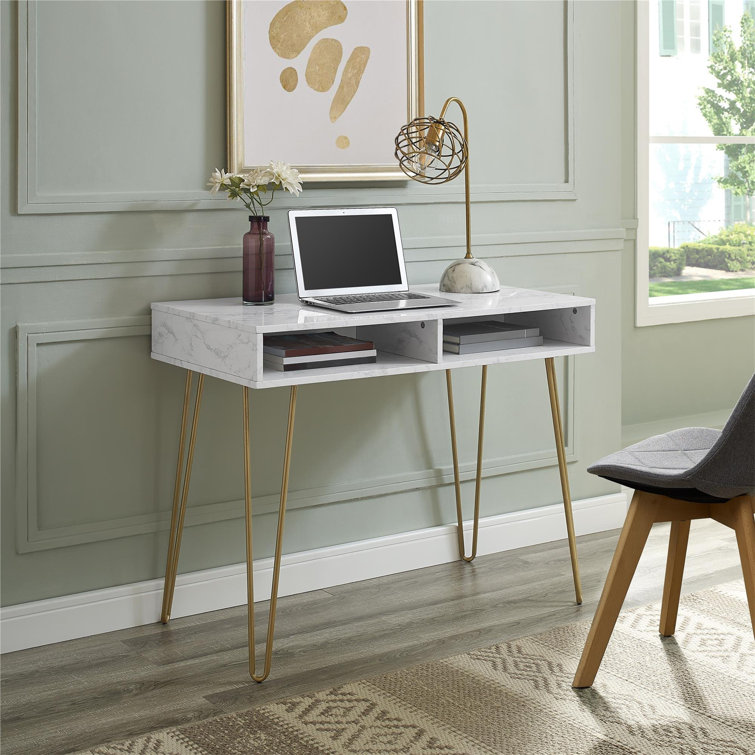 Elegant White Marble 44" Computer Desk with Hairpin Legs