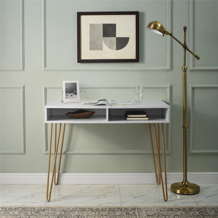 Elegant White Marble 44" Computer Desk with Hairpin Legs