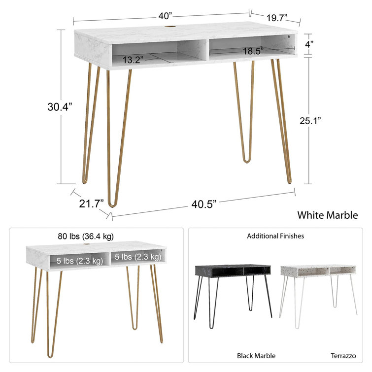 Elegant White Marble 44" Computer Desk with Hairpin Legs