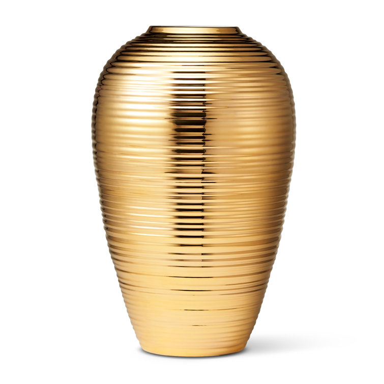 Gold Ribbed Ceramic Table Vase with Wide Opening