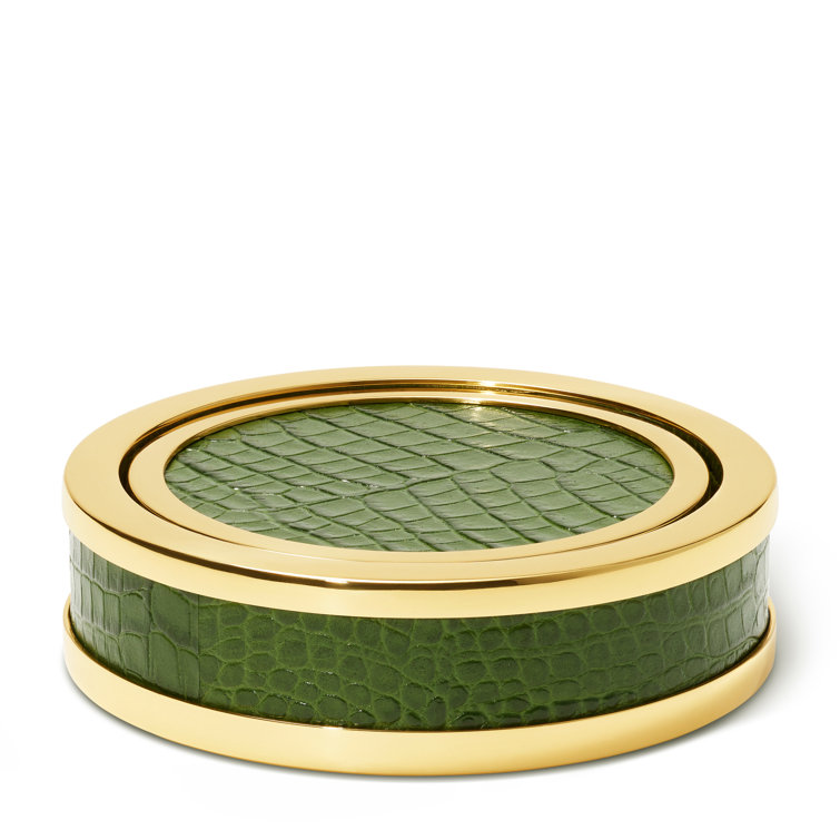 Green Crocodile Embossed Leather Coasters with Gold Trim, Set of 4