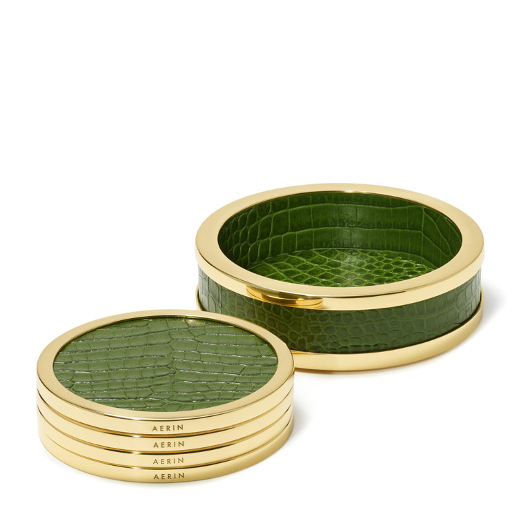 Green Crocodile Embossed Leather Coasters with Gold Trim, Set of 4