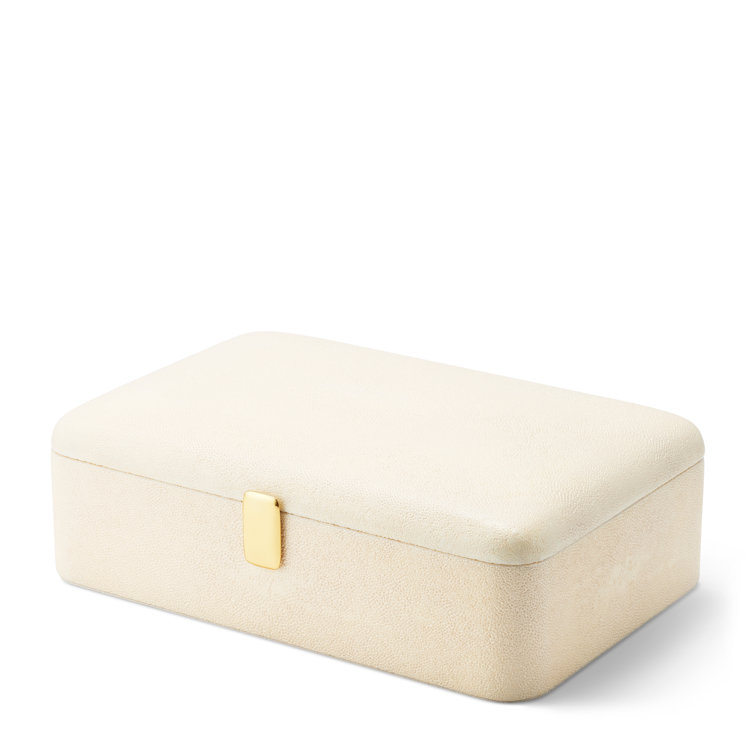 Cream Shagreen Large Jewelry Box with Brass Detailing