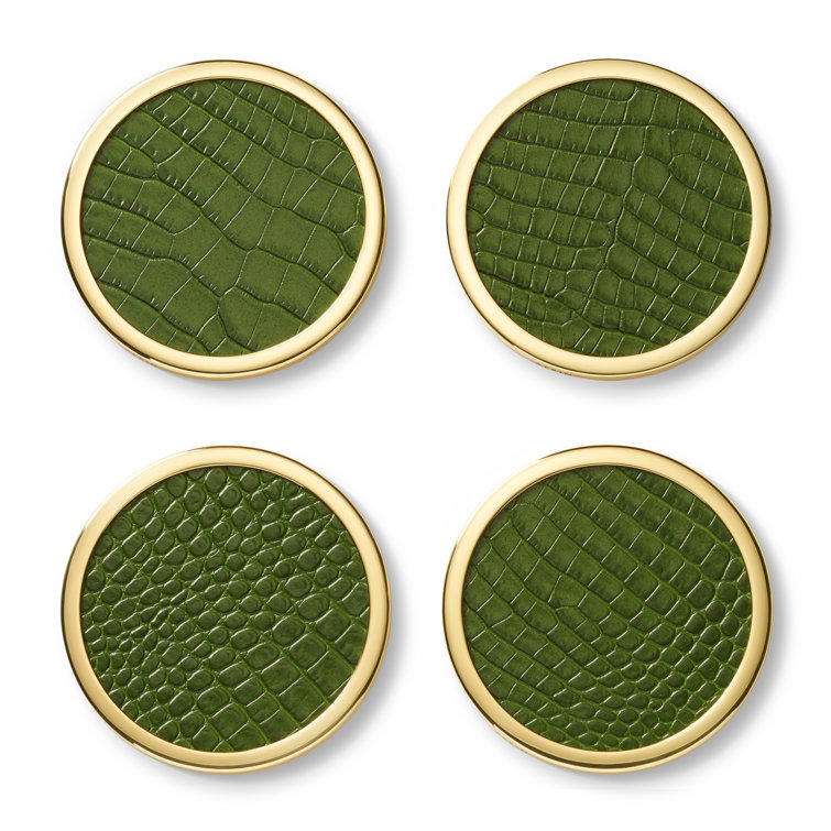 Green Crocodile Embossed Leather Coasters with Gold Trim, Set of 4