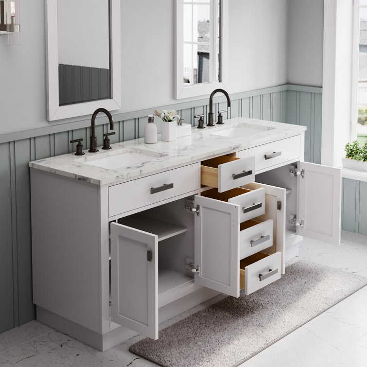 Hartford 72" Pure White Double Sink Vanity with Carrara Marble Countertop