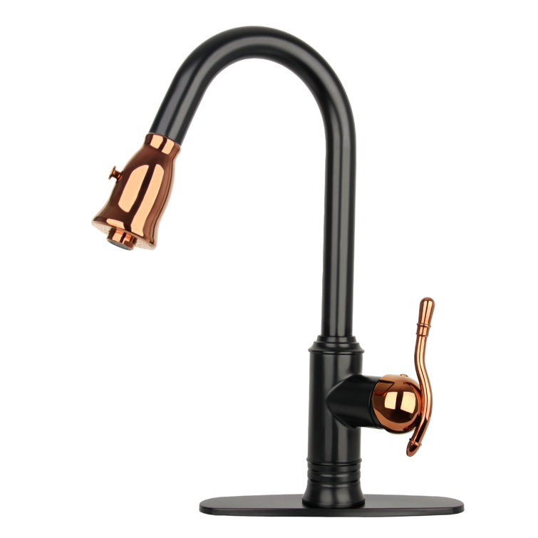 Matte Black and Rose Gold Solid Brass Kitchen Faucet with Pull-out Spray