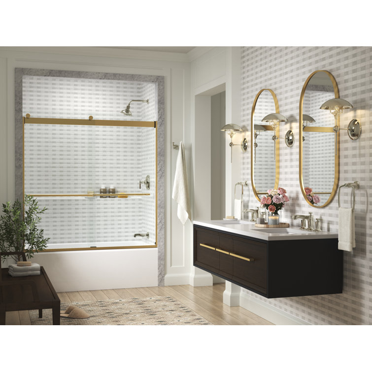 Vibrant Brushed Moderne Brass Frameless Sliding Bath Door with Clear Glass