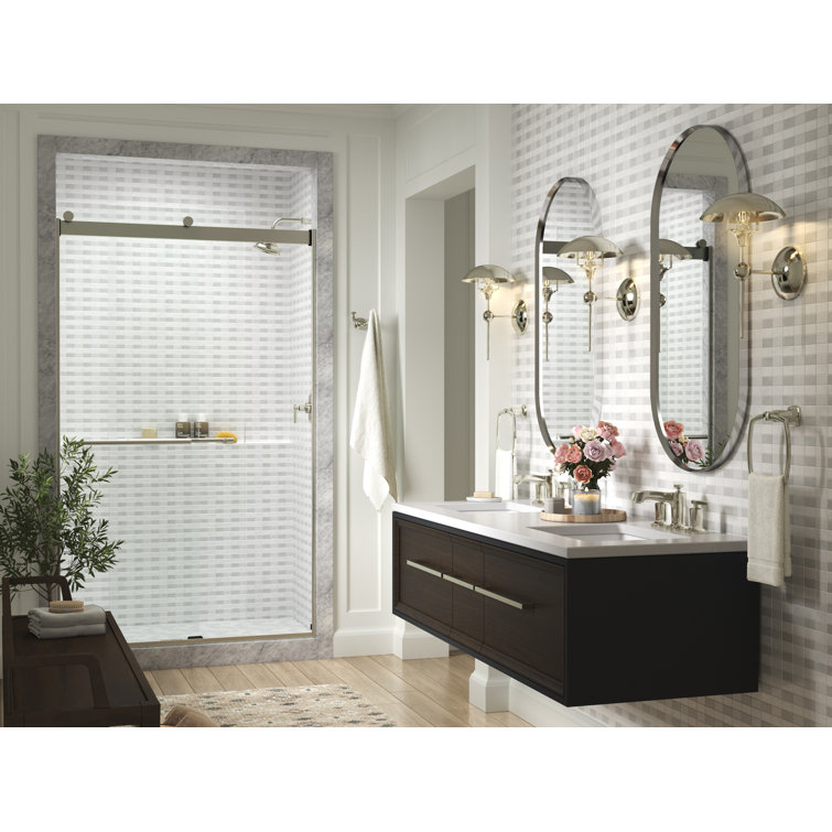 Levity Frameless Sliding Shower Door with Anodized Brushed Nickel Finish and Crystal Clear Glass