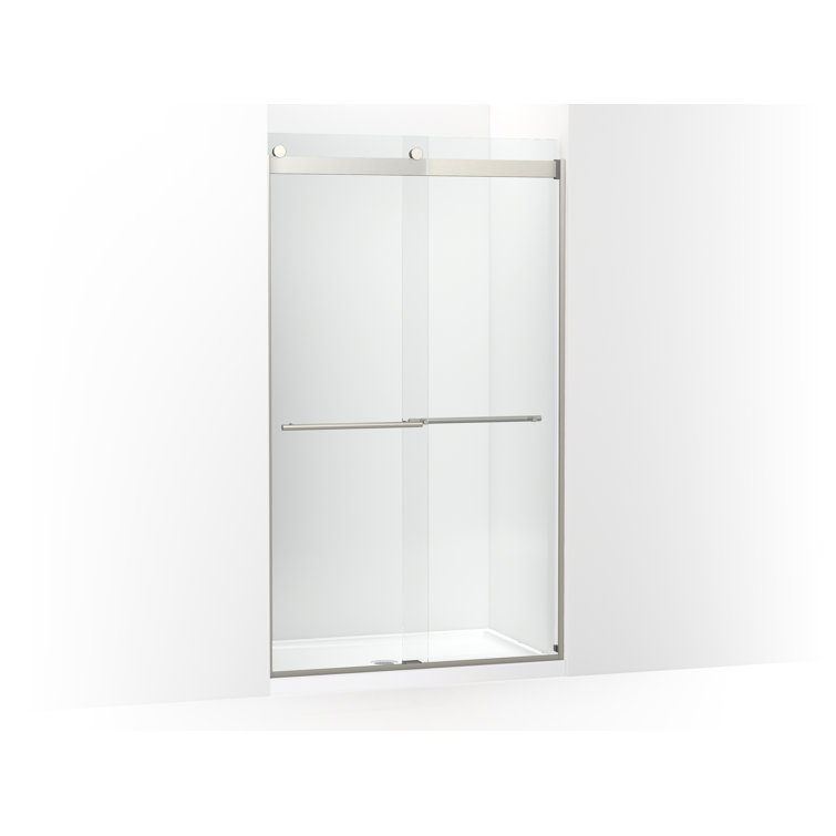 Levity Frameless Sliding Shower Door with Anodized Brushed Nickel Finish and Crystal Clear Glass