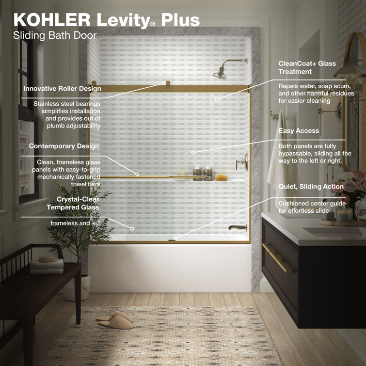 Vibrant Brushed Moderne Brass Frameless Sliding Bath Door with Clear Glass