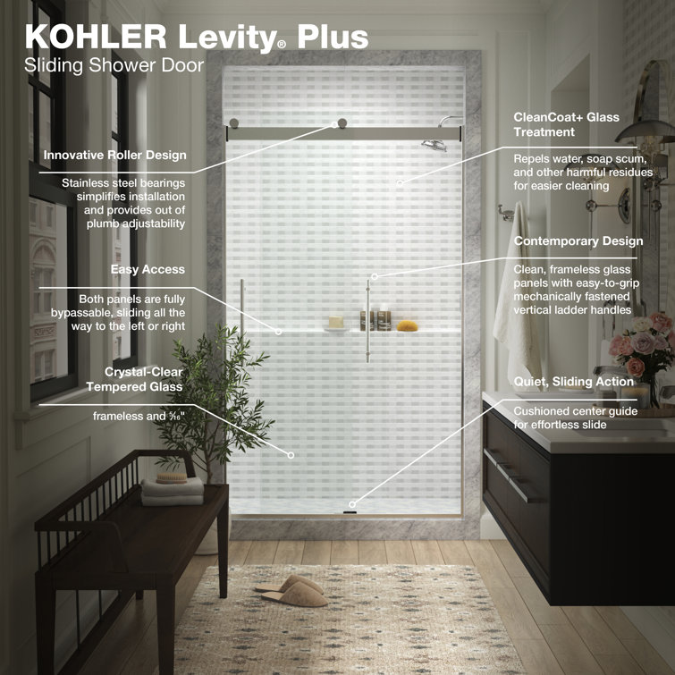Levity Plus Frameless Silver Sliding Shower Door with Clear Glass