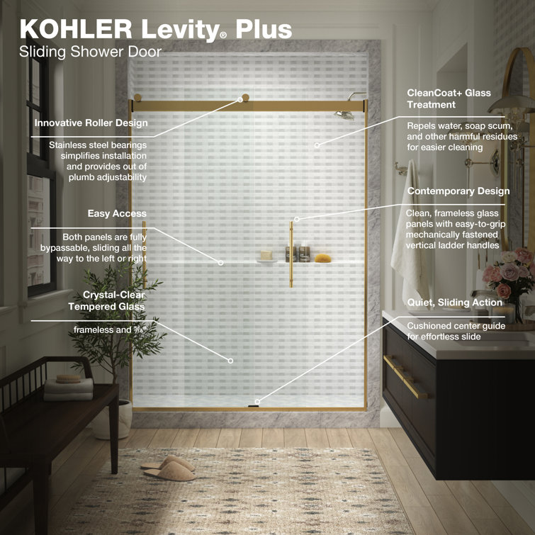 Gold and Clear Frameless Sliding Shower Door with Crystal Clear Glass