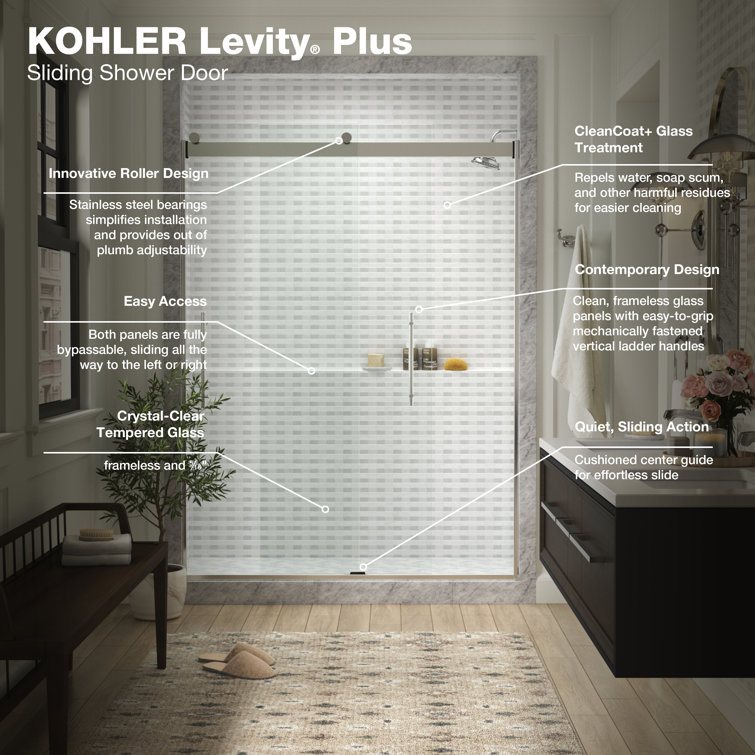 Modern Frameless Clear Glass Sliding Shower Door with Nickel Hardware
