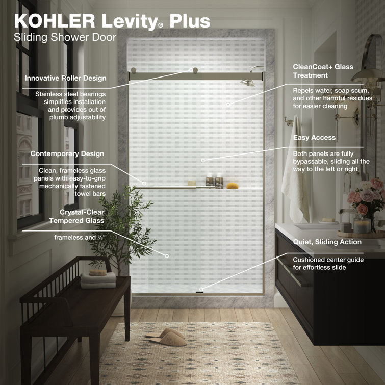 Levity Frameless Sliding Shower Door with Anodized Brushed Nickel Finish and Crystal Clear Glass