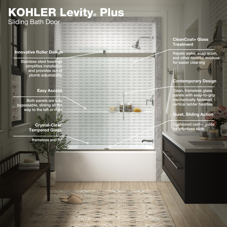 Levity Plus Polished Silver Frameless Sliding Bath Door with Clear Glass
