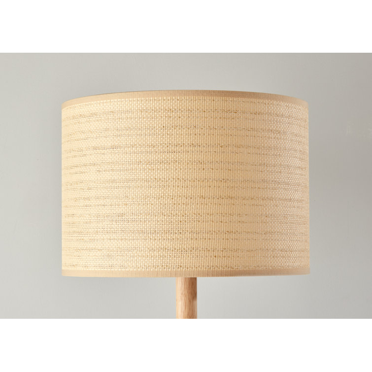 Natural Wood Table Lamp with Woven Beige Drum Shade