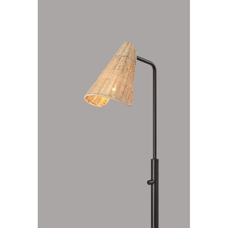 Adjustable Black Metal Floor Lamp with Natural Rattan Shade