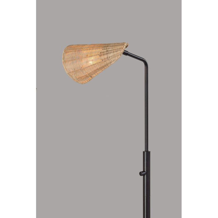 Adjustable Black Metal Floor Lamp with Natural Rattan Shade