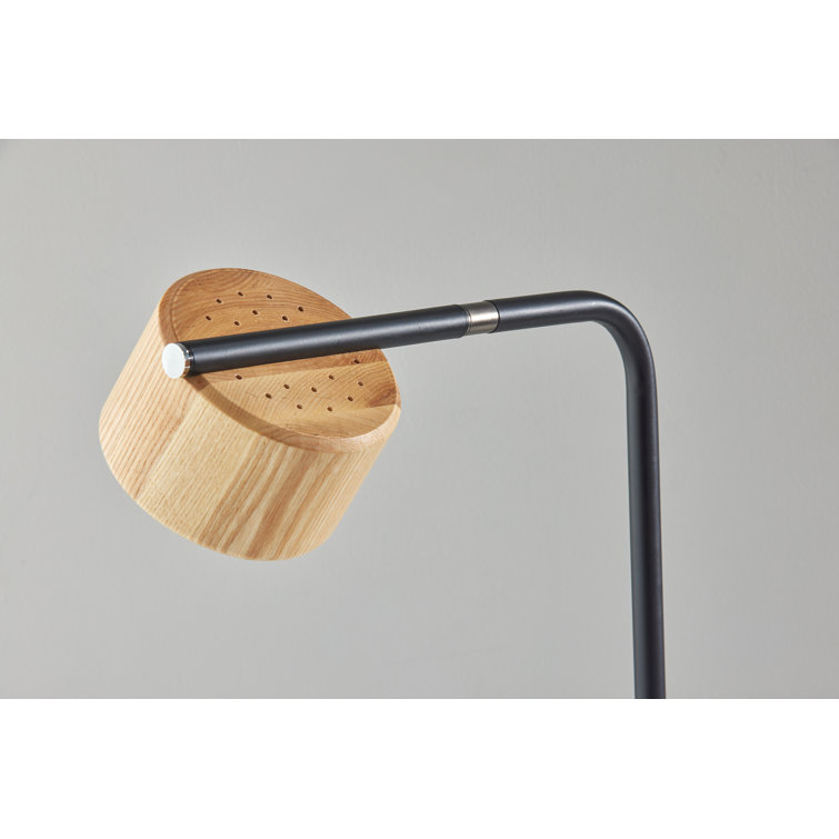Adjustable Black Steel Desk Lamp with Natural Wood Shade