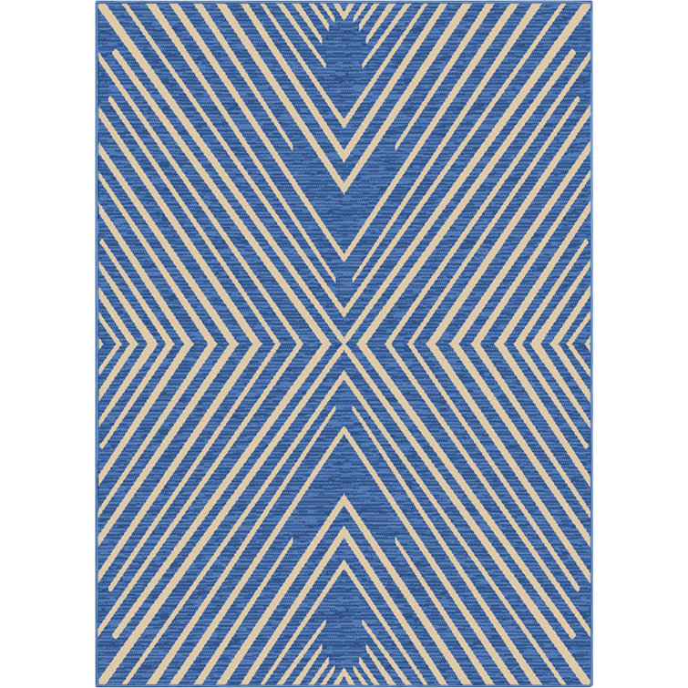 Reversible Striped Synthetic 5' x 7' Blue Outdoor Rug