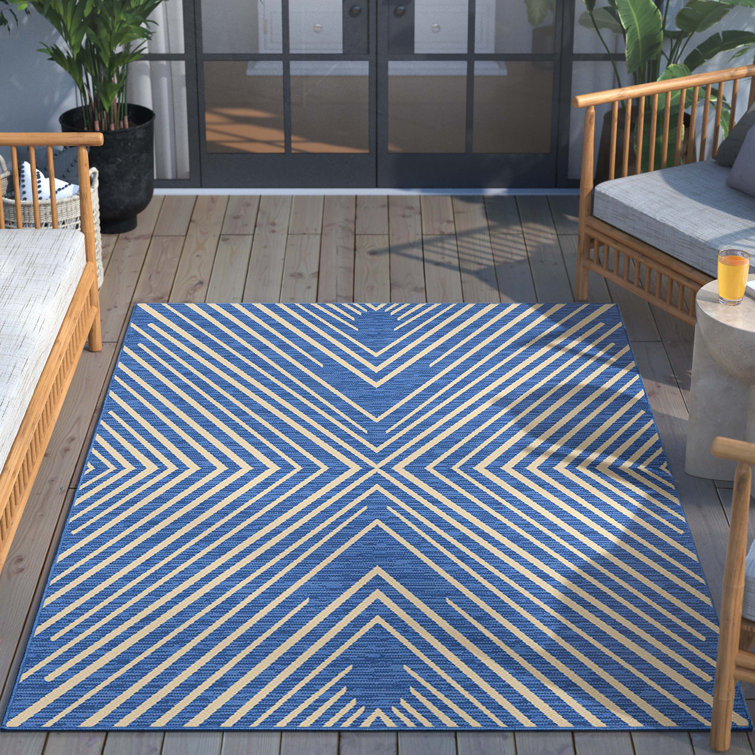Reversible Striped Synthetic 5' x 7' Blue Outdoor Rug