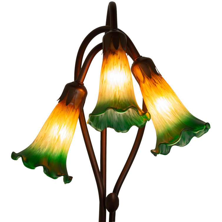 Amber Green Stained Glass Bronze 3-Light Table Lamp
