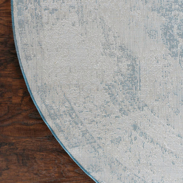 Round Blue Synthetic Stain-Resistant Area Rug