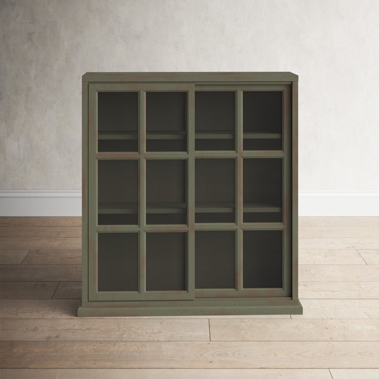 Transitional Gray Elm Wood 3-Tier Bookcase with Glass Doors