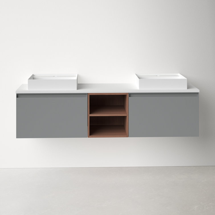 Manarola 72" Light Gray Wall-Mount Modern Vanity with Walnut Shelves