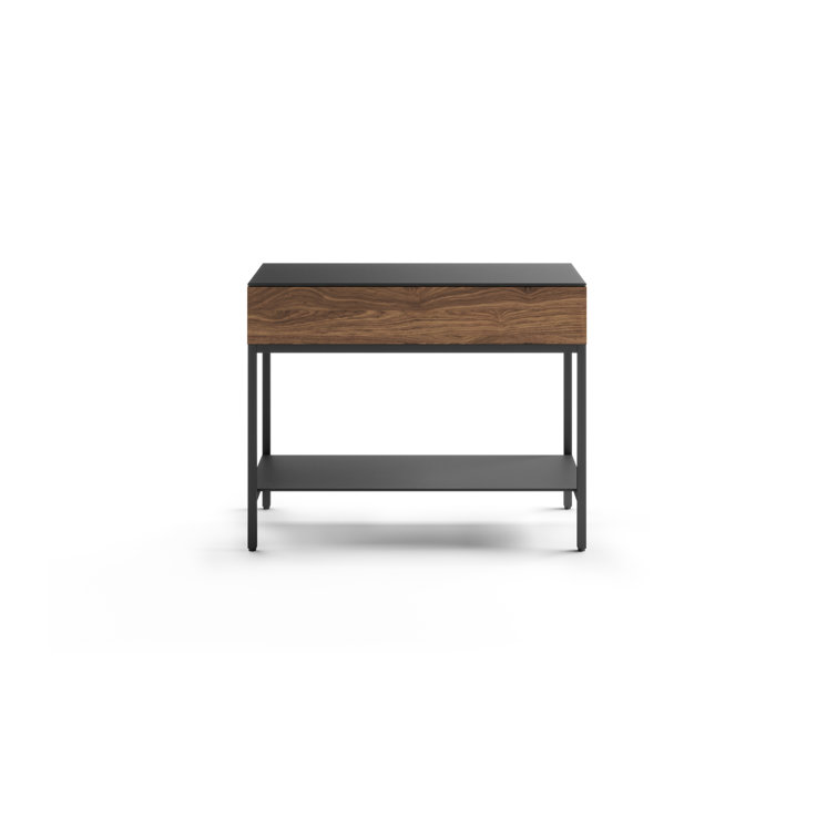 Natural Walnut and Black Glass End Table with Storage